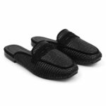 Raffia-Style Woven Mules-Black - Image 4