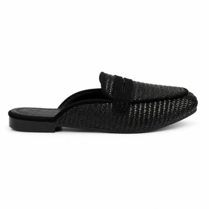 Raffia-Style Woven Mules-Black
