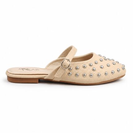 Studded Leather-Style Mules-Biege